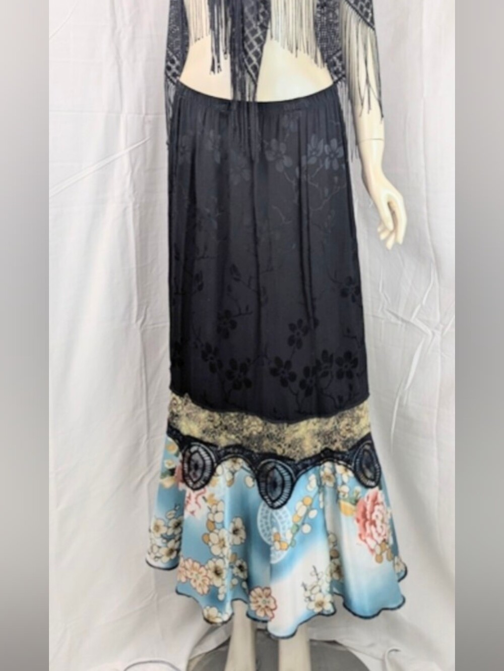 Spencer Alexis Bohemian Floral Hem Maxi Skirt Black Blue Satin, Lace XL